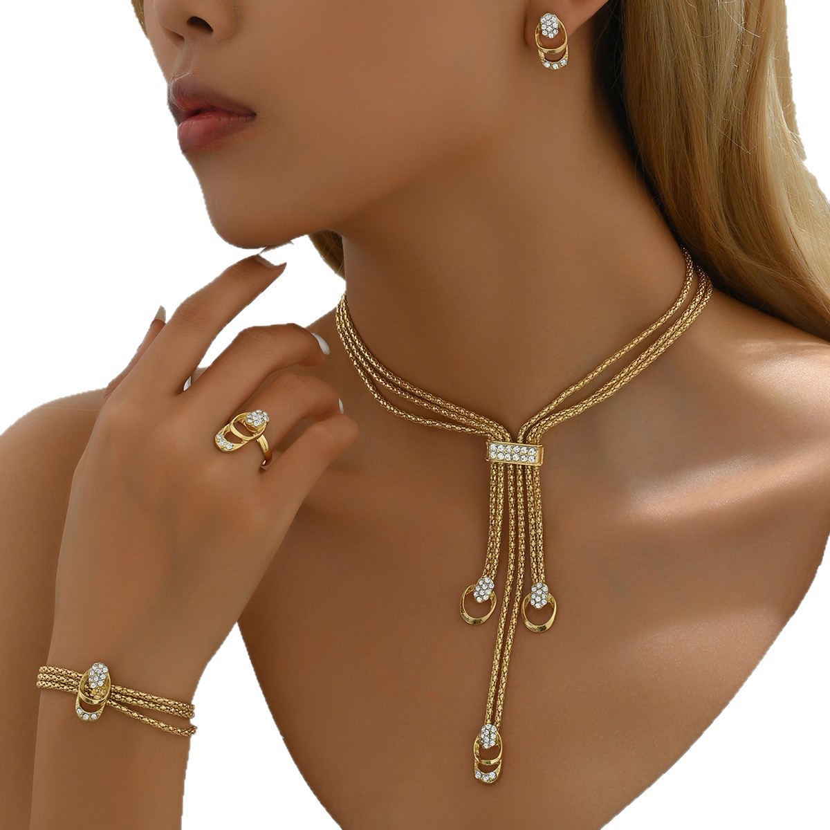 Ensemble collier et boucles d'oreilles minimaliste et frais, style européen/américain, incrusté de diamants, version coréenne, design niche, chaîne clavicule_voghion.com