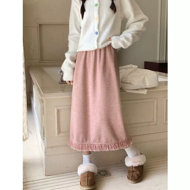 流苏边针织裙女裙秋冬季松紧高腰直筒显瘦韩版百搭针织半身裙长裙