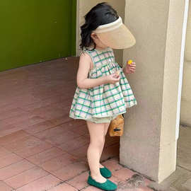 2026女童夏季格子套装绿色小清新色织格子娃娃衫背心裙短裤两件套