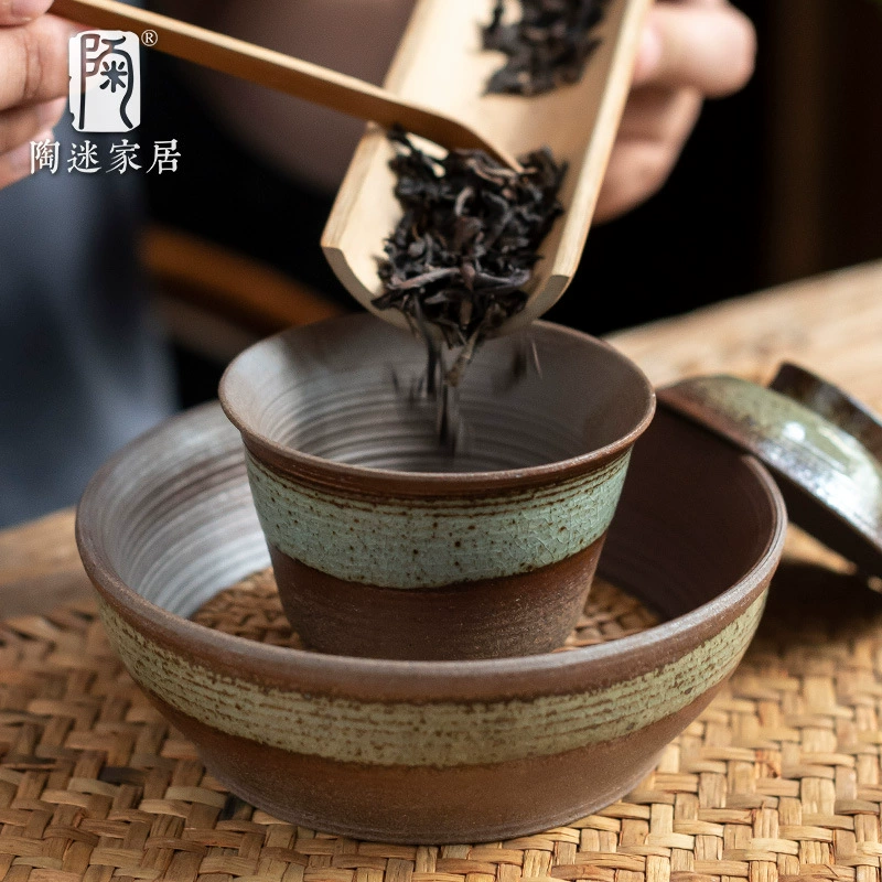 陶迷 Clear water wood-burning covered bowl kiln variable flow glaze ceramic retro open piece Sancai bowl household tea maker kettle bearing