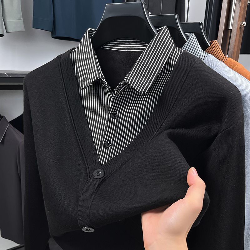 Autumn and Winter Loose Shirts for Young and Middle-Aged Men, Fleece-Lined and Thickeneded Sweaters, One-Piece Velvet Warm Outer Collar, Autumn and Winter Styles
