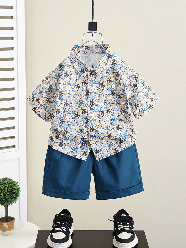 Conjunto de Verano para Niños 7917, Estilo 2026, Camisa de Playa con Estampado Floral, Conjunto de Dos Piezas de Manga Corta, Ropa Infantil