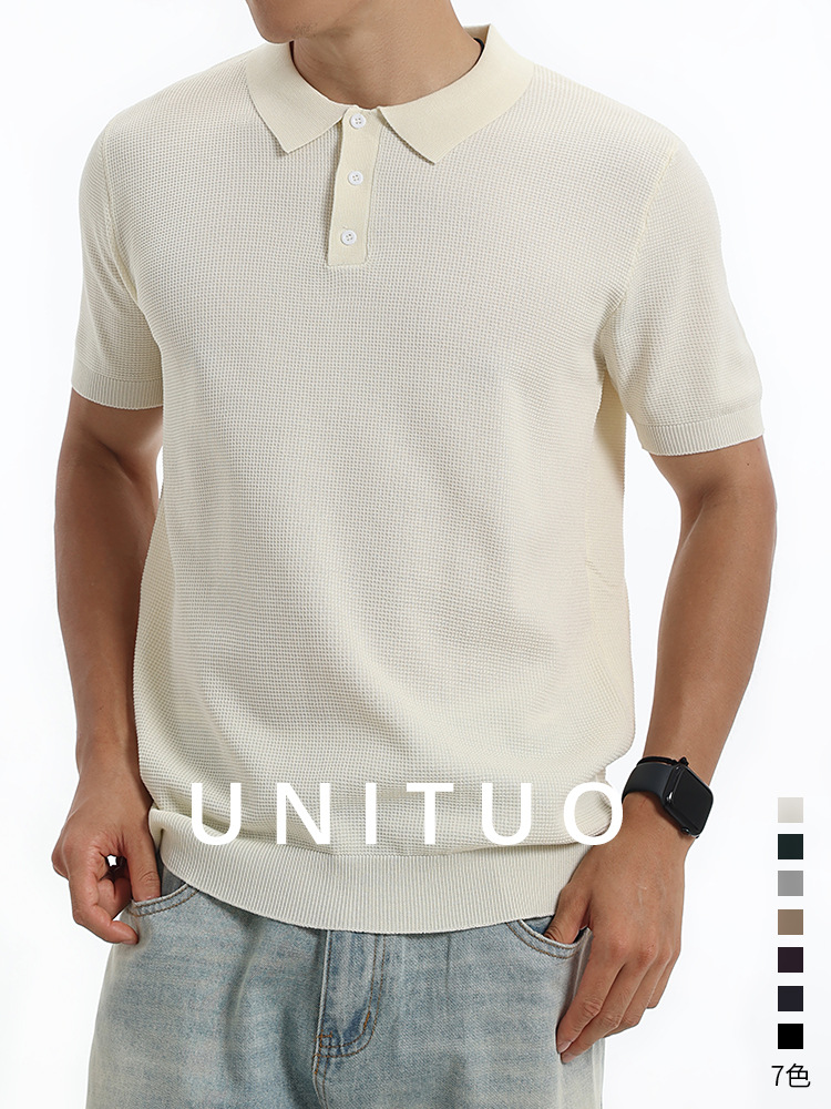 Verano nuevo hombre waffle textura hielo tejido polo camiseta transpirable manga corta negocios ropa casual hombre