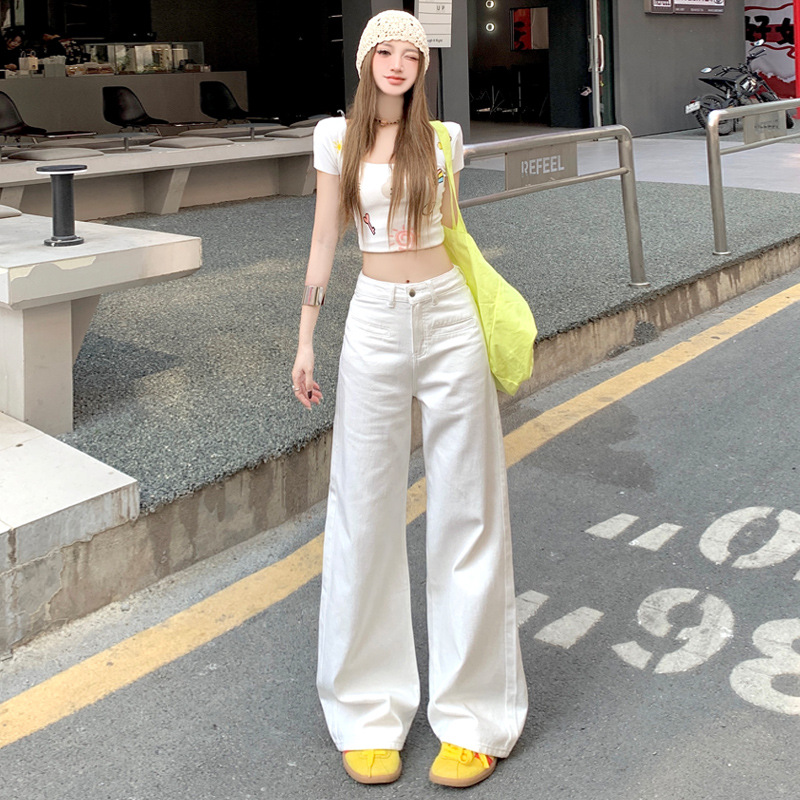 American-Style Personality Open-Pocket Design White Wide-Leg Jeans for Women, High-Waisted, Loose, Drapey Straight Pants, Long Trousers