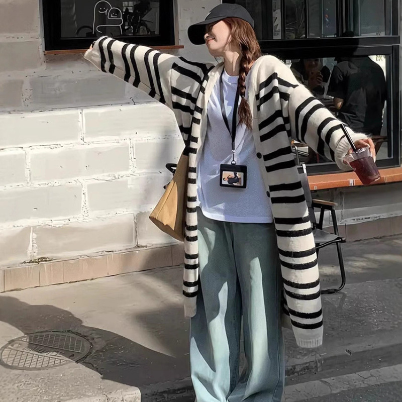 韩系条纹中长款毛衣开衫外套女2025秋冬季慵懒风小众别致针织上衣|undefined