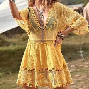 2024 Cross-Border Cotton Embroidered Summer Women's Sun Protection Shirt Sexy Lace Loose Beach Vacation Skirt Bikini Cover