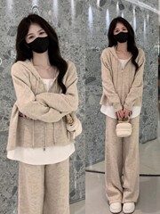 休闲时尚假两件连帽卫衣宽松显瘦阔腿裤两件套女秋季套装2025新款