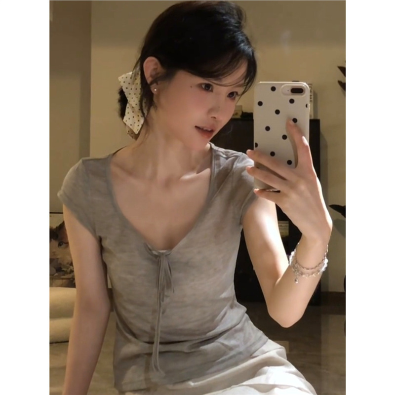 原版面料韩系氛围感u领系带短袖t恤女夏纯欲风超好看甜美收腰上衣|undefined