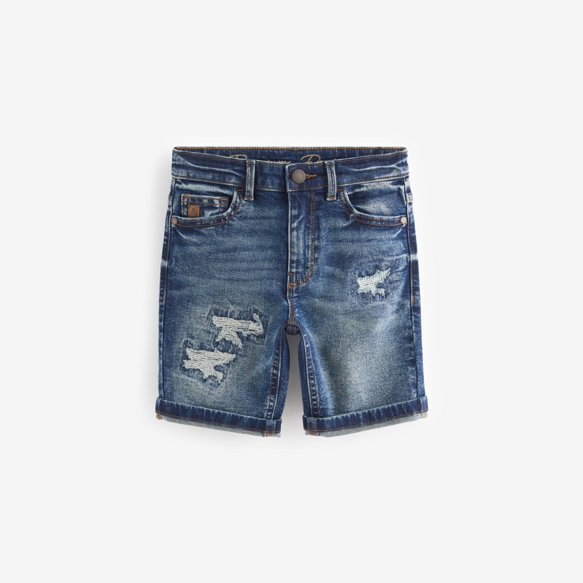 Summer ripped denim shorts with whiskers, slim fit, breathable, versatile, trendy retro blue for boys.