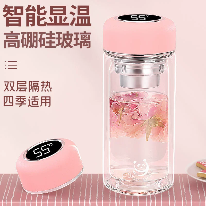Двухслойная стеклянная кружка для пузырькового чая с умным дисплеем температуры, прозрачная термоизолированная кружка для мужчин и женщин