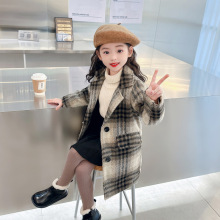 女童毛呢外套春秋冬2025新款英伦风格子呢大衣中长款女小童外衣