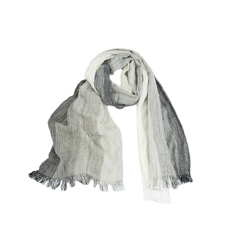 Mori Girl Style Scarf for Women 2025 Spring and Autumn Thin Striped Cotton and Linen Shawl with Tassels and Pleats, Artistic Cotton Sunscreen Scarf
