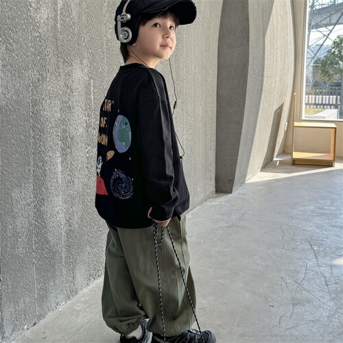 2024 Spring and Autumn New Cartoon Print Pure Cotton Long-Sleeve T-Shirt for Boys and Girls Korean Style Children's Clothing Spring Outfit