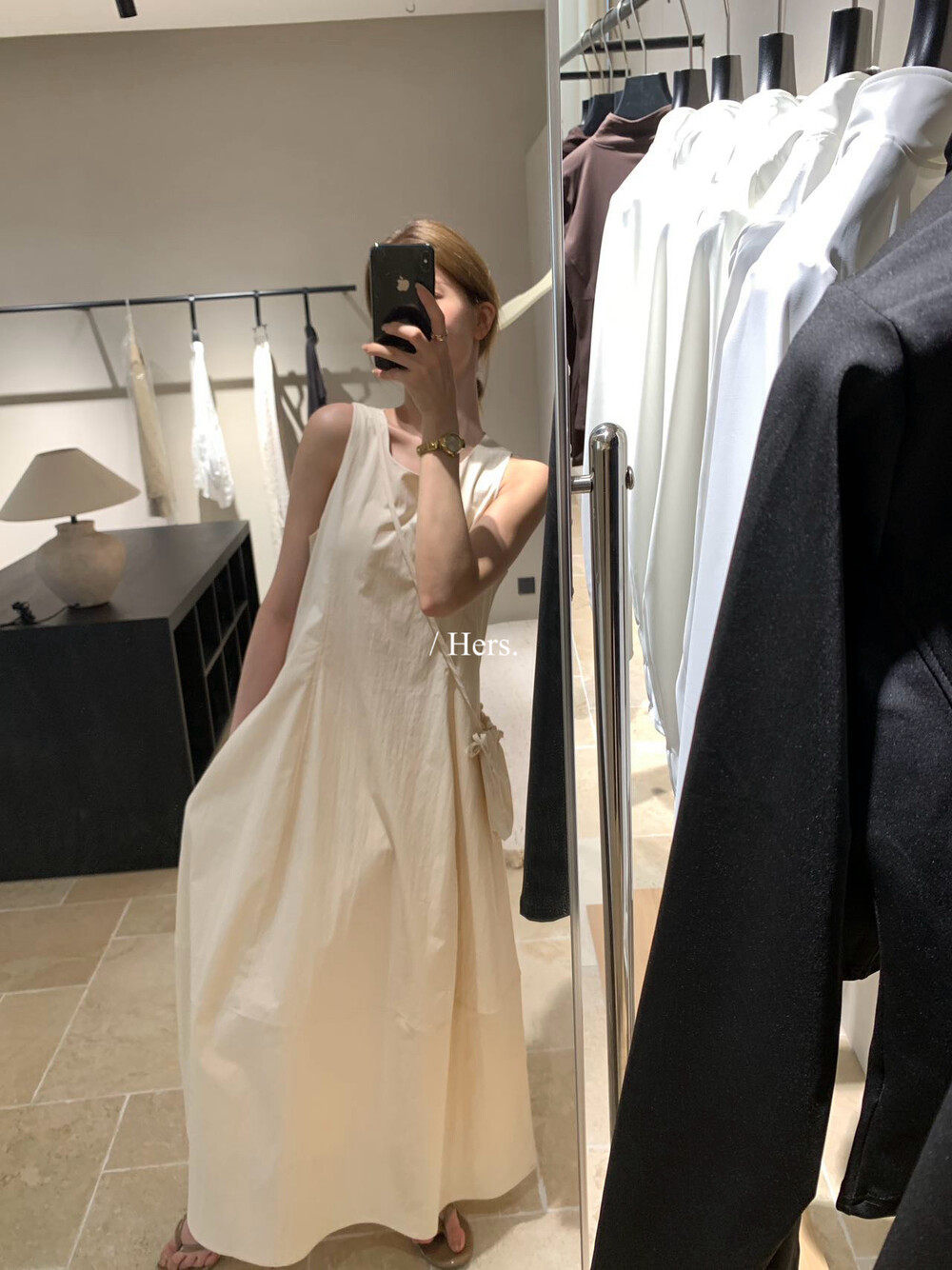 Đầm maxi nữ thắt eo không tay phong cách Pháp tối giản — Cam trần, màu trắng chi tiết 2