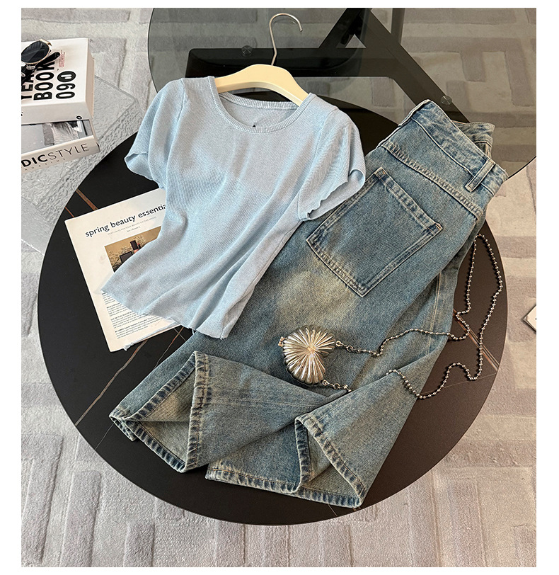 Women's Clothing Women's Summer New Casual Sports Fashion Suit Round Neck Back Tie Hollow Short Sleeve Denim Pants Two Piece Suit_mkmklike.com
