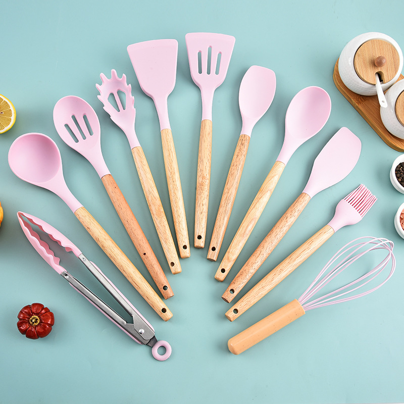 Utensilios de cocina de silicona, juego de 12 piezas, espátula y cuchara antiadherentes, juego de utensilios de cocina de calidad alimentaria con mango de madera, 11 piezas de almacenamiento