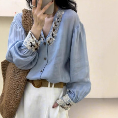 2025新款女蓝色刺绣长袖衬衫气质法式浪漫小上衣炸街漂亮小衫