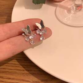 韩系新款锆石蝴蝶流苏耳夹后挂式耳钉清冷小众设计简约甜美耳轻奢
