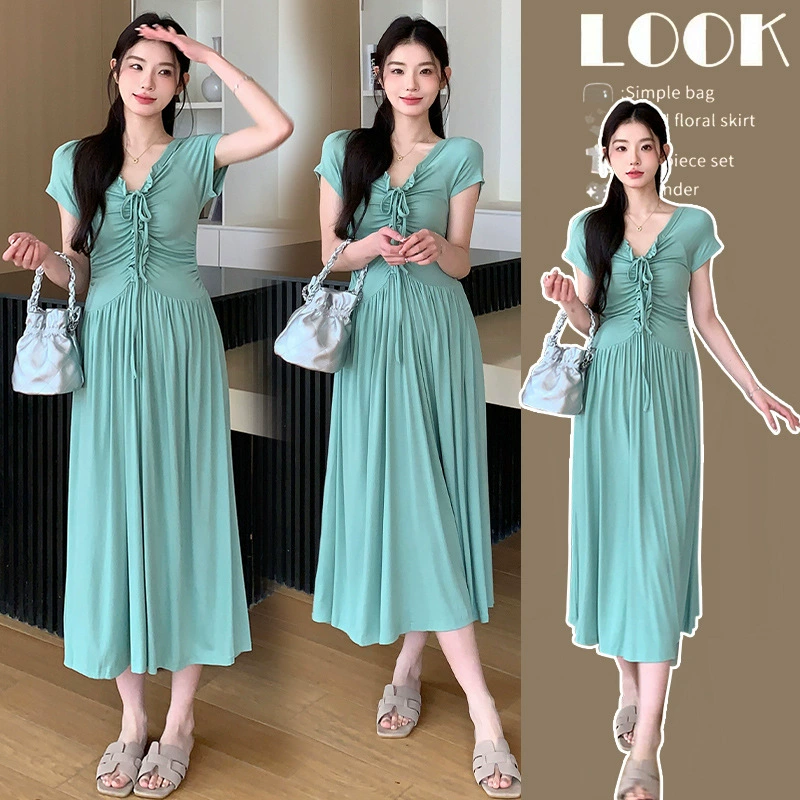 Реальные фотографии для беременных французское худое зеленое платье