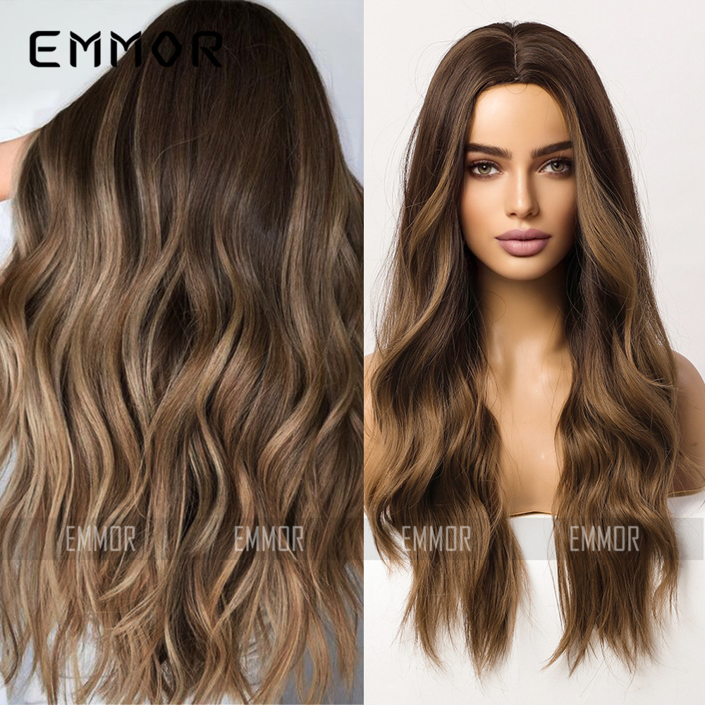 Peluca completa transfronteriza de Amazon con raya en medio, reflejos marrones degradados, fibra sintética de alta temperatura, peluca de estilo europeo y americano para mujer, cabello largo y rizado.