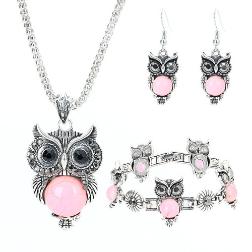 European and American retro jewelry set, turquoise inlaid owl pendant earrings, necklace, bracelet, women's popular jewelry