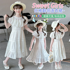 女童連衣裙2024新款夏季韓系甜美公主裙中大童洋氣翻領休閒長裙子