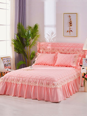 春季純棉夾棉加厚床裙款四件套粉色公主風100全棉花邊被套床罩式