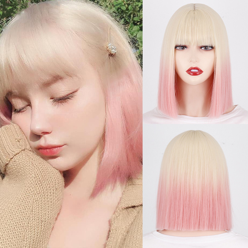 Foreign trade wig women's short hair blonde hair mid gradient pink shoulder-length hair natural simulation hair full head cover in stock wholesale