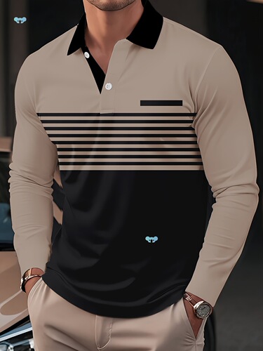 Men's Casual Striped Print Long Sleeve Polo Shirt