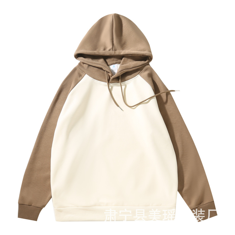 重磅华棉拼接撞色插肩袖连帽卫衣男女情侣连帽长袖休闲外套帽衫|undefined