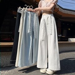 白い山本のワイドパンツの女性の夏の薄い広州十三行の小さい子供のレースのベルトの桐の垂れ下がっている感じのズボン