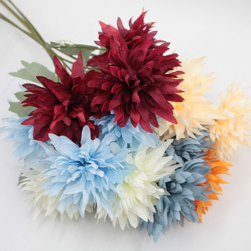 Flores artificiales, crisantemos de 3 cabezas, flores de seda, arreglo floral de crisantemo, accesorios de fotografía, flores falsas, ramo de flores para fotografía, decoración del hogar