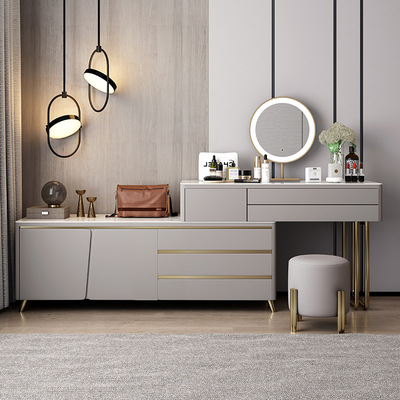 意式轻奢实木梳妆台卧室简约现代化妆桌化妆柜LED智能镜储物边柜|ru