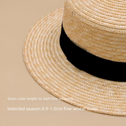 Wheat straw straw hat women's French British Panama flat-top straw hat summer vacation seaside beach woven top hat