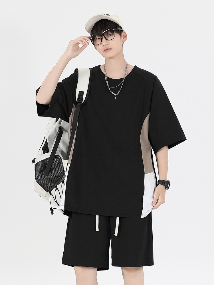 Pantalones cortos sueltos de manga corta a juego de color de verano, traje deportivo casual, traje de dos piezas de moda para jóvenes y estudiantes varones