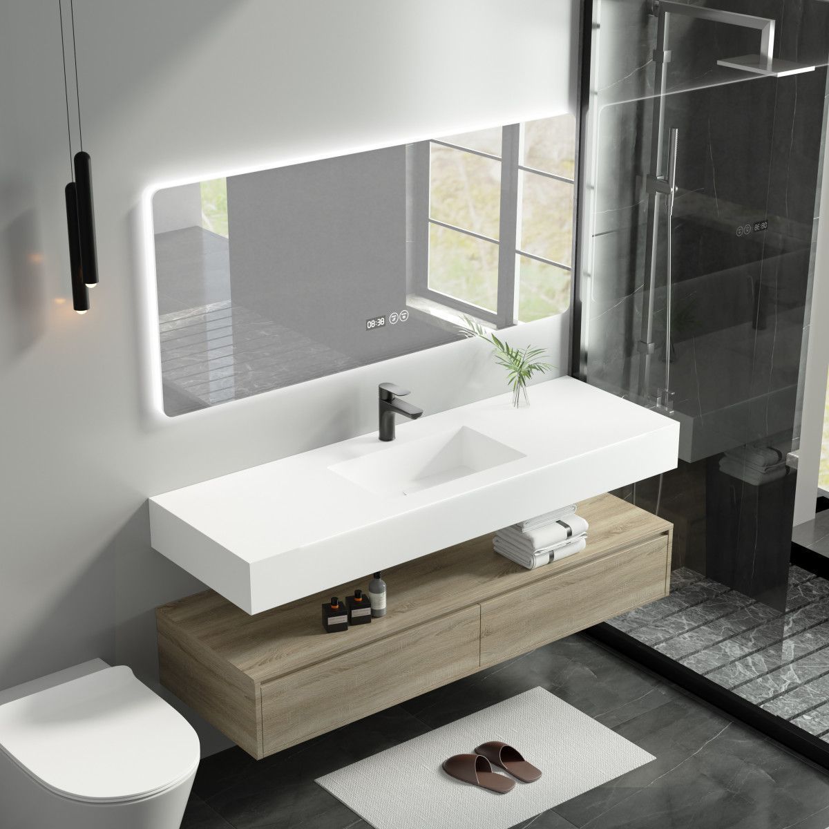Bathroom rock plate integrated seamless ceramic basin, solid wood cabinet combination, washbasin, washbasin, seamless basin, bathroom Application Scenario