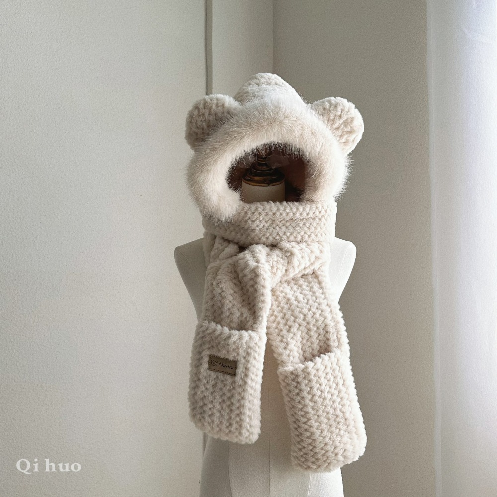 Bear hat scarf gloves three-piece warm plush scarf winter Korean style versatile cute girl