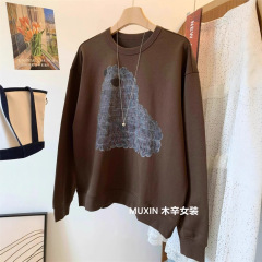 美式复古长毛狗狗印花宽松毛线圈秋季时尚大版圆领休闲卫衣女上衣