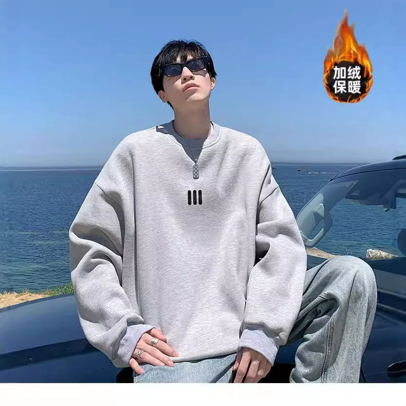 Китайский хлопковый круглый воротник с бархатным свитером мужской трехполосный простой дикий свитер студент свободный без шляпы