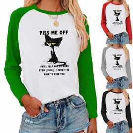 跨境 亚马逊 wish eBay 独立站 猫咪图案印花插肩撞色长袖T恤女