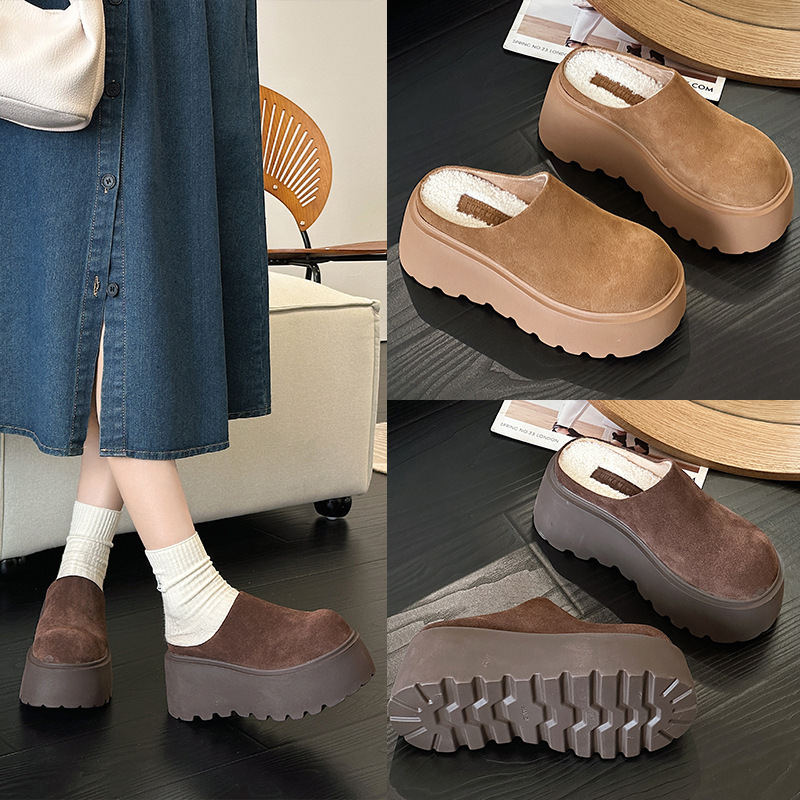 Thick-soled fleece-lined Thickened Baotou Half Slippers Women's Outwear Vintage Genuine Leather All-match Snow Boots Height-increasing Birkenstocks