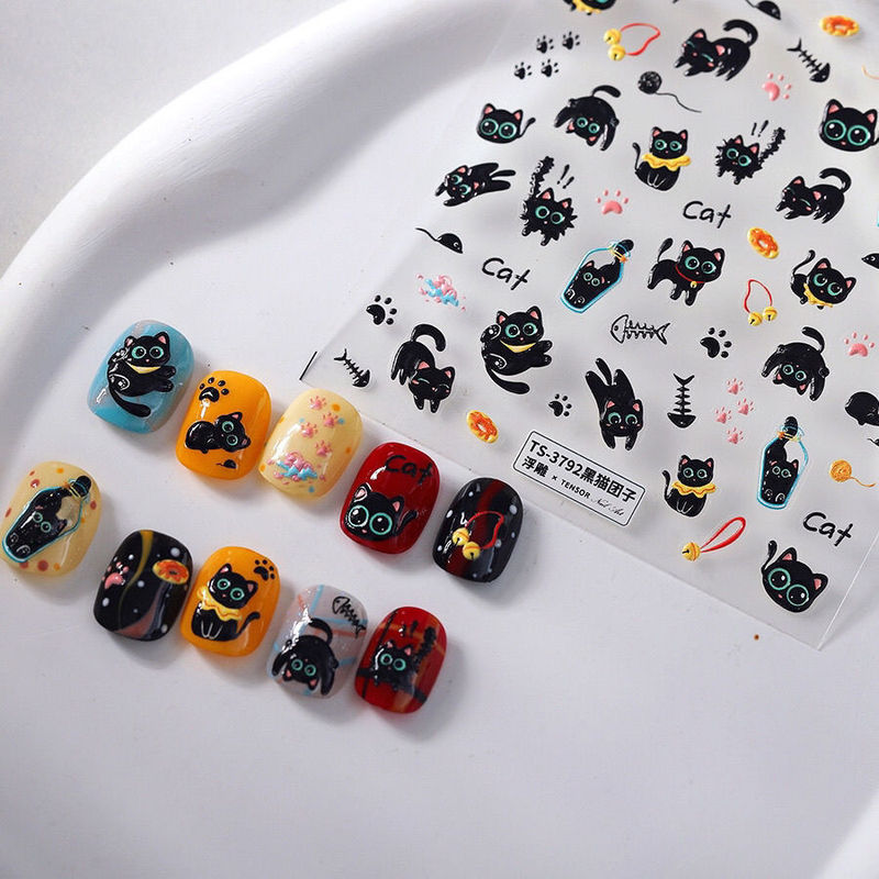 Cute Cartoon Black Cat Dumpling Cute Pet Nail Art Sticker Embossed Three-Dimensional Little Black Cat Internet Celebrity Popular Adhesive Nail Sticker