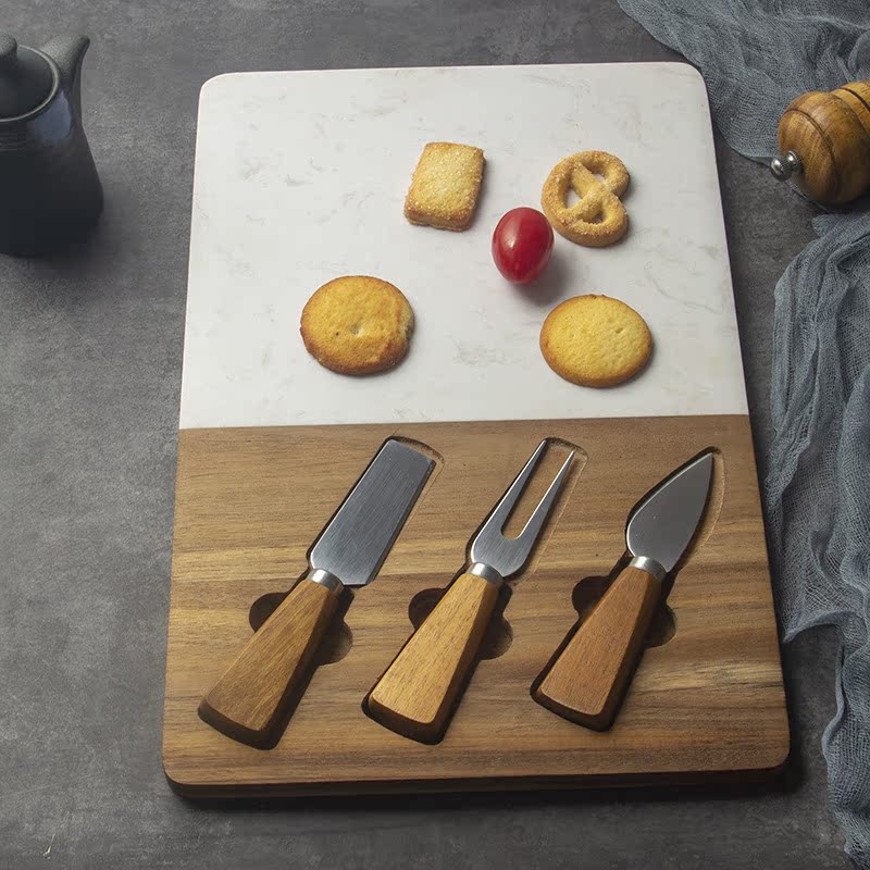 Tabla de queso de mármol con empalmes de madera de acacia, juego de cuchillos para queso con mango, juego de queso de cuatro piezas, cuchillo para pizza, tabla de cortar. image 3