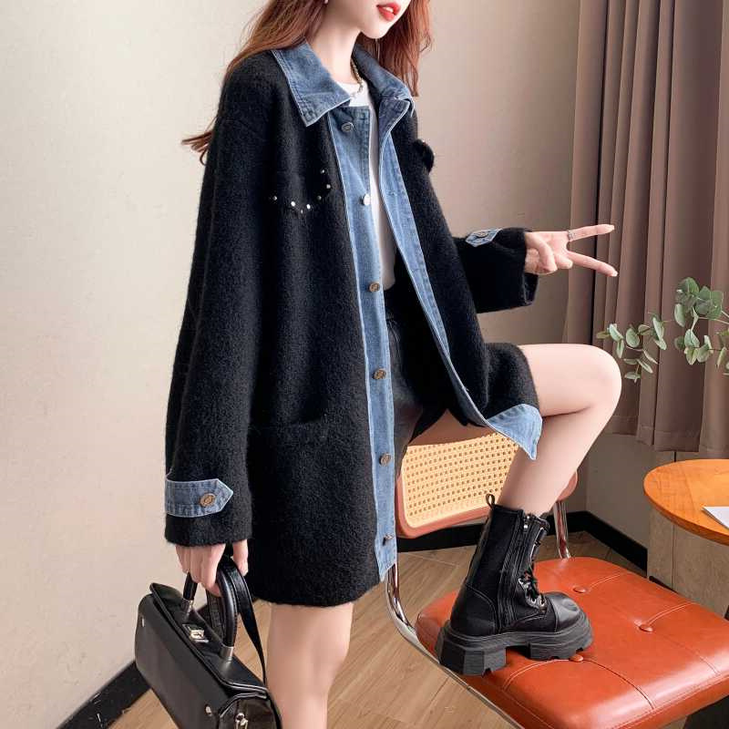 Damen Strickjacke Mit Denim-einsätzen Langer Strickpullover_voghion.com