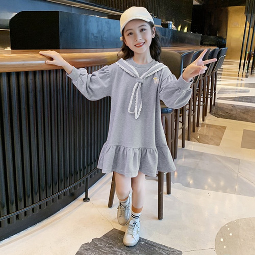 Girls' Autumn Dress 2024 Fashion Children's Long Sleeve Sweat Suit Spring and Autumn Medium and Large Girls' Medium and Long Length Skirt