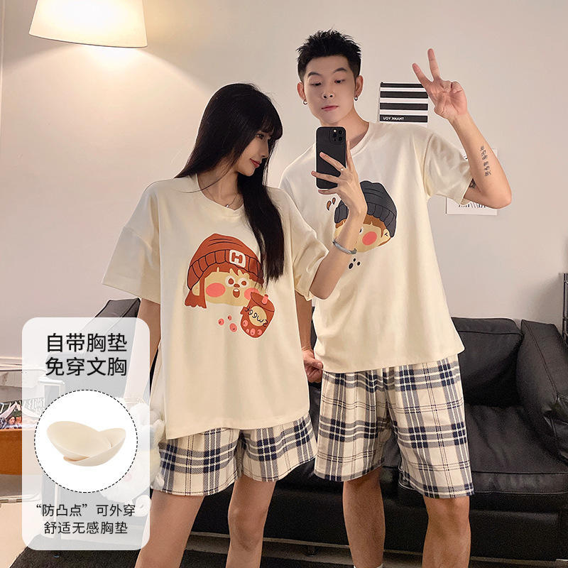 Summer Couple Pajamas 2025 New Style One Man and One Woman Same Style Two Sets of Home Clothes with Chest Pad Set Summer Couple Pajamas 2025 New Style One Man and One Woman Same Style Two Sets of Home Clothes with Chest Pad Set