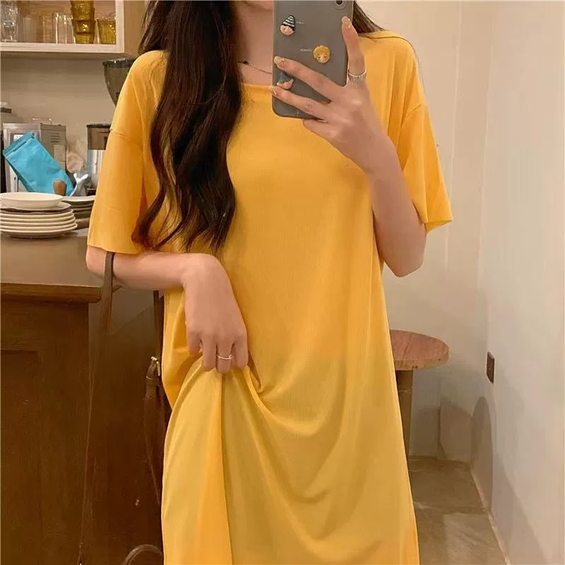 2025 новая ночная рубашка интернет-знаменитости для женщин, летняя тонкая однотонная свободная пижама средней длины, верхняя одежда, домашняя одежда, крутая юбка