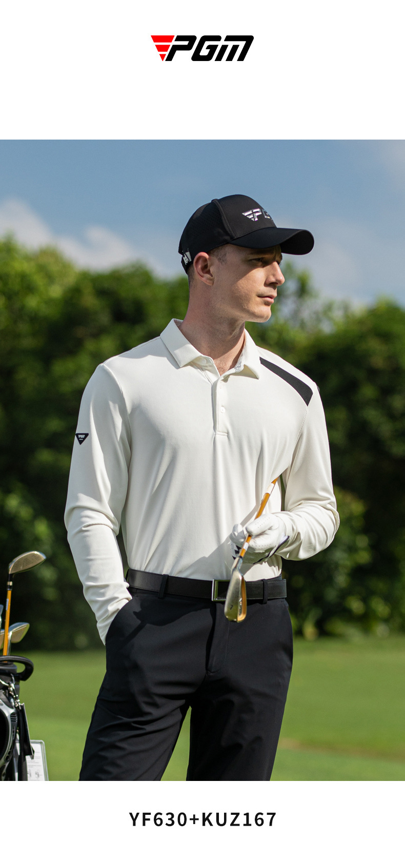 Áo polo golf nam dài tay PGM phối màu tương phản — KUZ167-màu trắng, YF630-Màu đen, YF630-màu cam, KUZ167-màu xanh hải quân chi tiết 6