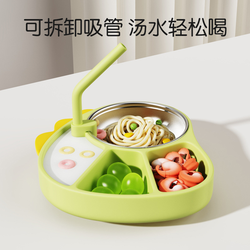 Placa de comedor de rejilla dividida de silicona para niños, tazón de adyuvante de dinosaurio de dibujos animados de grado alimenticio para entrenar al bebé para comer y separar la vajilla