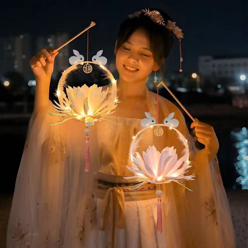 批发古风花灯中秋节日礼品景区摆摊灯笼玩具手提发光玉兔昙花灯笼|undefined